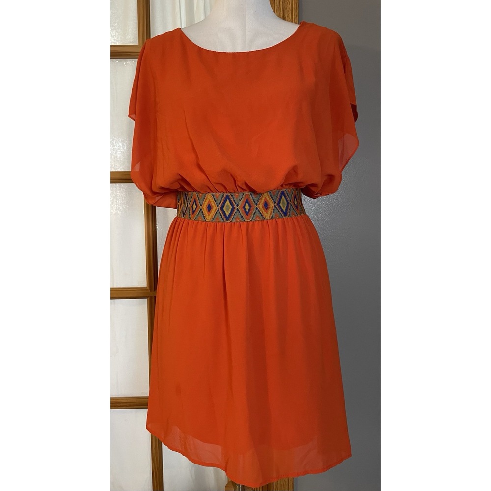 Vtg Moonlight USA Women's Mini Dress L Orange Chiffon Elastic Band Party
